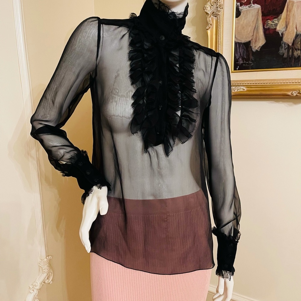 CHANEL  AUTENTIC  SHEERS RUFFLED TURTLENECK BLOUSE MADE IN ITALY  SIZE 36 - Picture 16 of 16